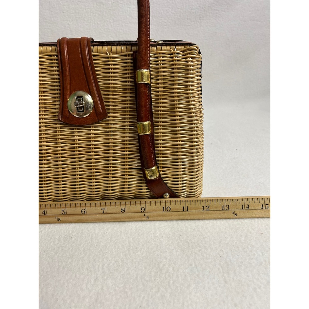 Cottagecore Vintage Women Medium Brown Wicker Leather Satchel Classic Timeless - Picture 5 of 12